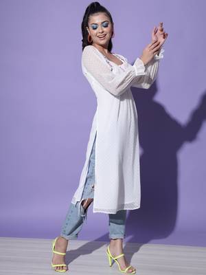 MATINE Women White Chiffon Embroidered Ethnic Style Kurta 2