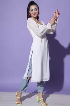 MATINE Women White Chiffon Embroidered Ethnic Style Kurta