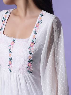 MATINE Women White Chiffon Embroidered Ethnic Style Kurta 3