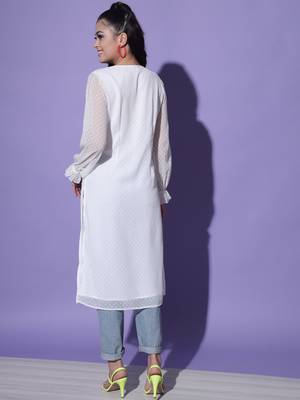 MATINE Women White Chiffon Embroidered Ethnic Style Kurta 4