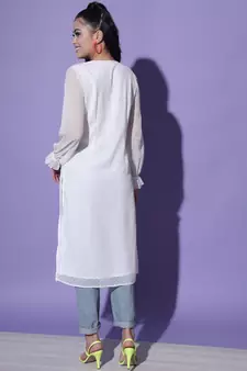 MATINE Women White Chiffon Embroidered Ethnic Style Kurta