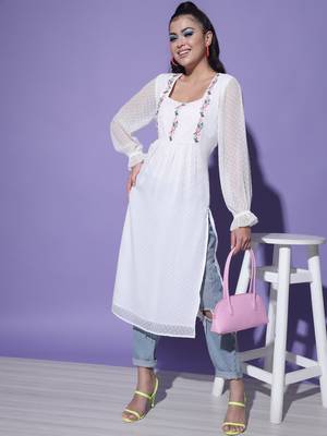 MATINE Women White Chiffon Embroidered Ethnic Style Kurta 5