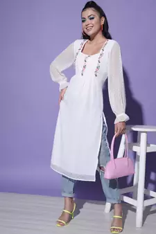 MATINE Women White Chiffon Embroidered Ethnic Style Kurta