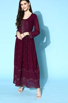 Wine embroidered georgette ethnic-kurtis