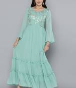 Turquoise embroidered georgette ethnic-kurtis