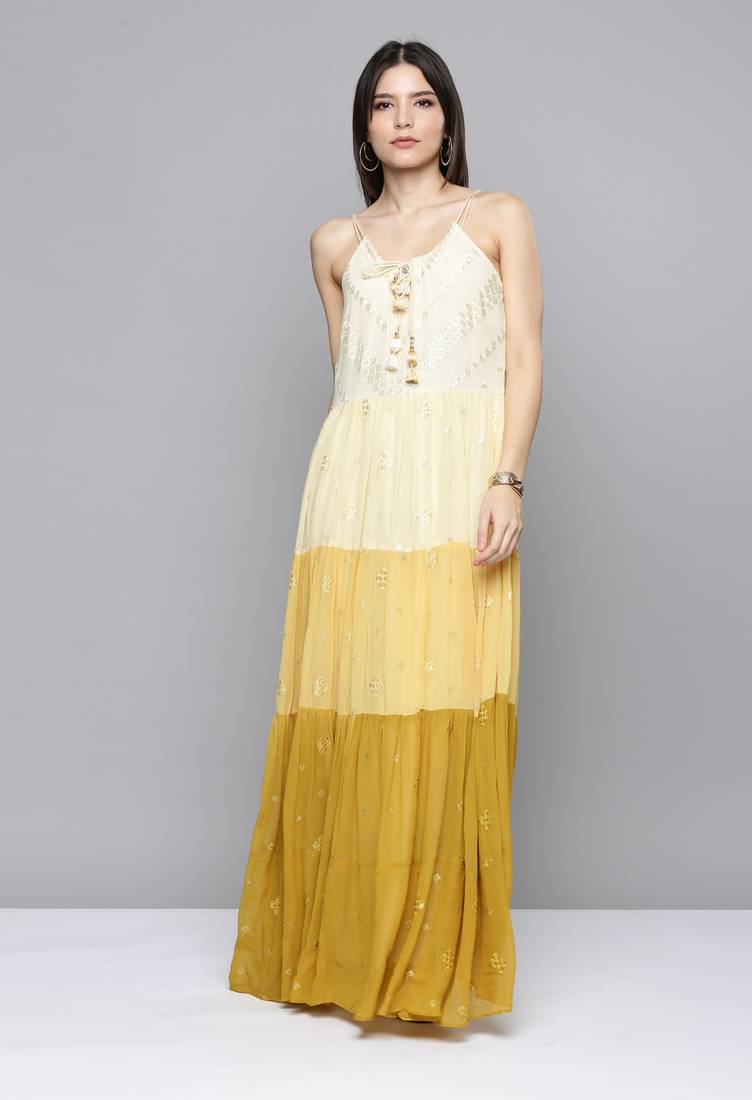 Yellow embroidered georgette ethnic-kurtis