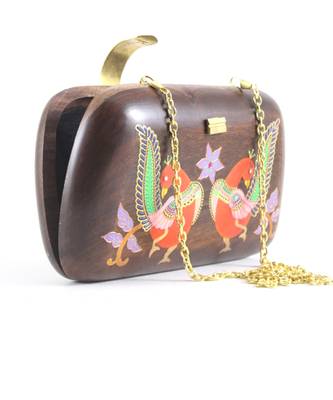 Multicolor Wooden Kalamkari Peacocks Clutch 1