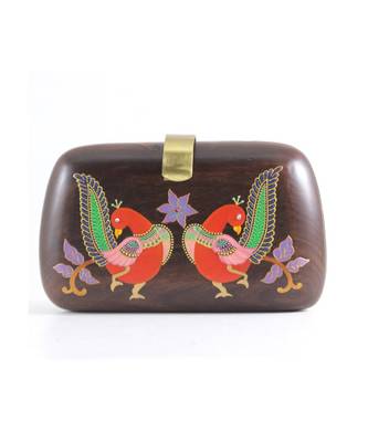 Multicolor Wooden Kalamkari Peacocks Clutch 2