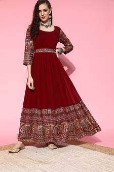 Maroon embroidered georgette ethnic-kurtis