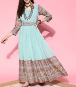 Turquoise embroidered georgette ethnic-kurtis