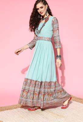 Turquoise embroidered georgette ethnic-kurtis 3