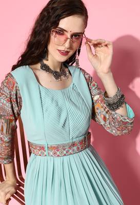 Turquoise embroidered georgette ethnic-kurtis 4