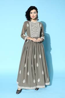 Grey embroidered georgette ethnic-kurtis
