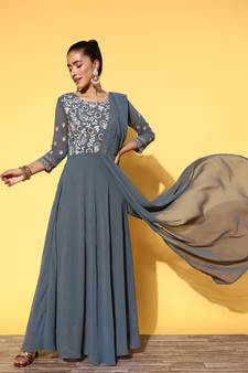 Grey embroidered georgette ethnic-kurtis