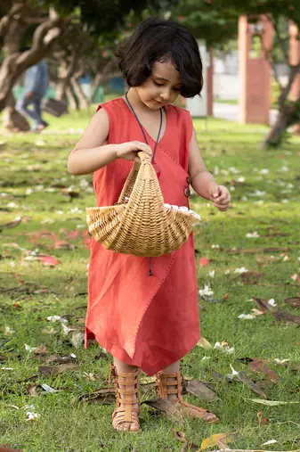 Brick Red Linen Wrap-Around Tea-Length Dress