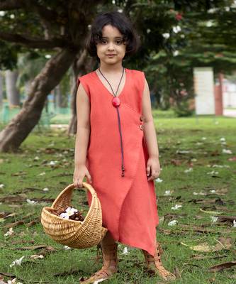Brick Red Linen Wrap-Around Tea-Length Dress 1