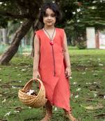 Brick Red Linen Wrap-Around Tea-Length Dress