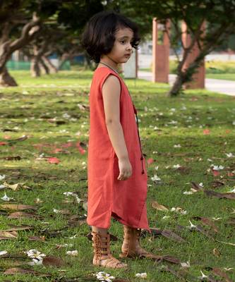 Brick Red Linen Wrap-Around Tea-Length Dress 3