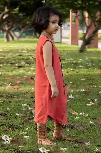 Brick Red Linen Wrap-Around Tea-Length Dress
