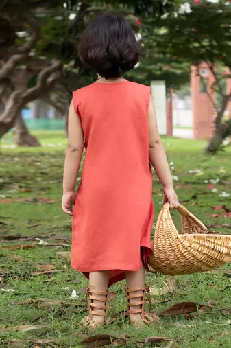 Brick Red Linen Wrap-Around Tea-Length Dress