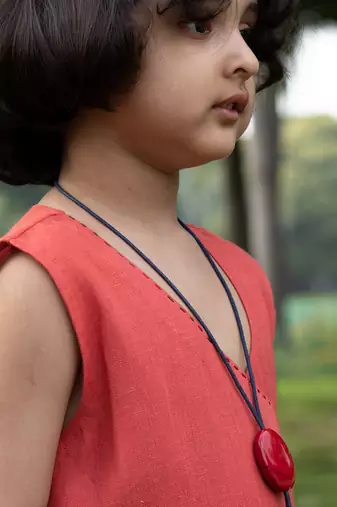 Brick Red Linen Wrap-Around Tea-Length Dress