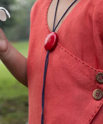 Brick Red Linen Wrap-Around Tea-Length Dress 7