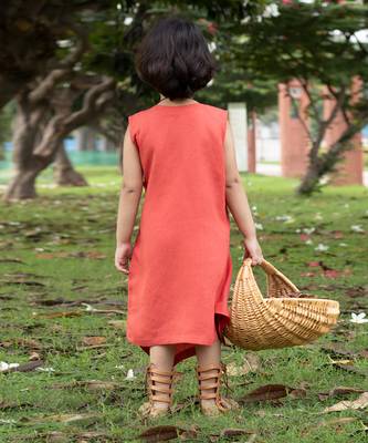 Brick Red Linen Wrap-Around Tea-Length Dress 8