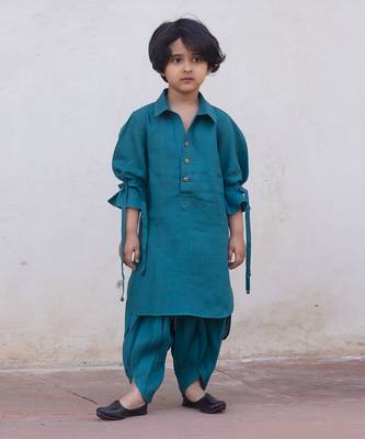 Peacock-Blue Emroidered Linen Pathani Suit 1