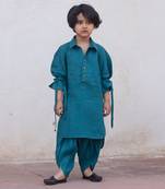 Peacock-Blue Emroidered Linen Pathani Suit