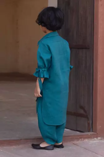 Peacock-Blue Emroidered Linen Pathani Suit