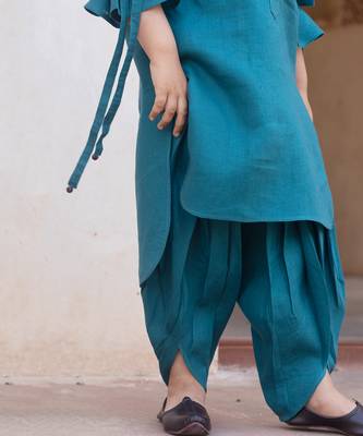 Peacock-Blue Emroidered Linen Pathani Suit 3