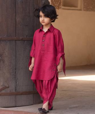 Candy Red Embroidered Linen Pathani Suit 1