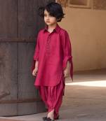 Candy Red Embroidered Linen Pathani Suit
