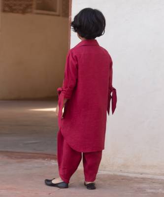 Candy Red Embroidered Linen Pathani Suit 2