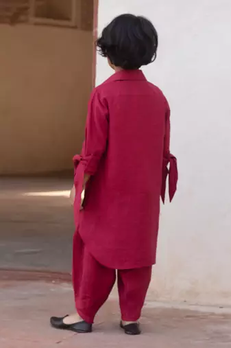 Candy Red Embroidered Linen Pathani Suit