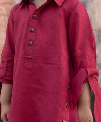 Candy Red Embroidered Linen Pathani Suit 3
