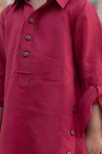 Candy Red Embroidered Linen Pathani Suit