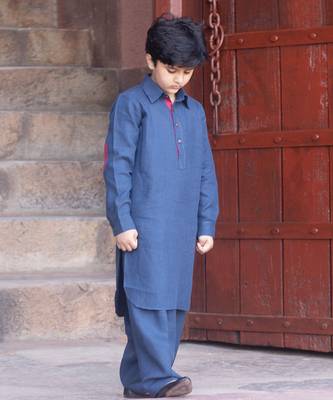 Navy-Blue Kantha Embroidered Linen Pathani Suit 1