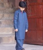 Navy-Blue Kantha Embroidered Linen Pathani Suit