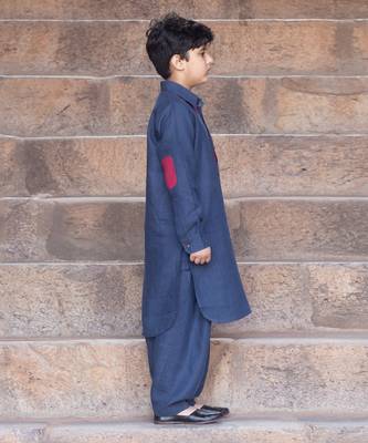 Navy-Blue Kantha Embroidered Linen Pathani Suit 2