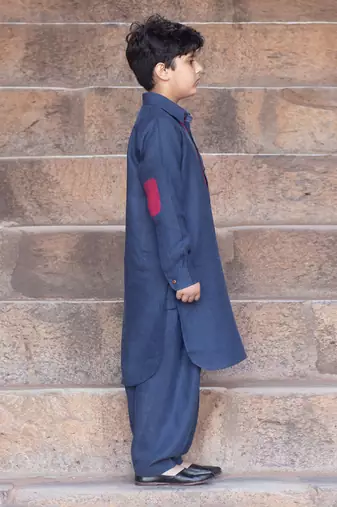 Navy-Blue Kantha Embroidered Linen Pathani Suit