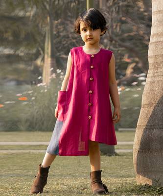 Crimson-Pink Kantha Embroidered Linen Dress 1