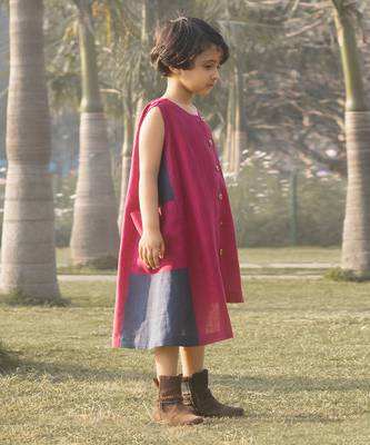 Crimson-Pink Kantha Embroidered Linen Dress 2