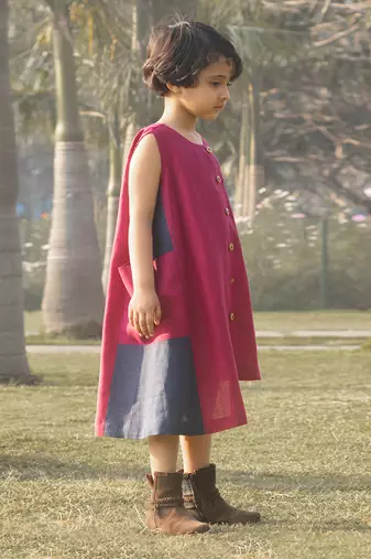 Crimson-Pink Kantha Embroidered Linen Dress