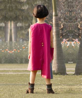 Crimson-Pink Kantha Embroidered Linen Dress 3