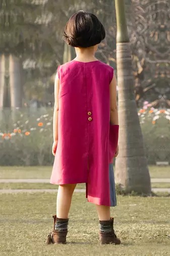 Crimson-Pink Kantha Embroidered Linen Dress