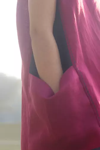 Crimson-Pink Kantha Embroidered Linen Dress