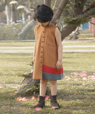 Mustard Yellow Kantha Embroidered Linen Dress 1