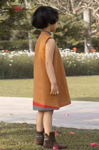 Mustard Yellow Kantha Embroidered Linen Dress
