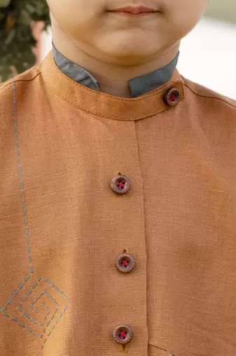 Mustard Yellow Kantha Embroidered Linen Dress